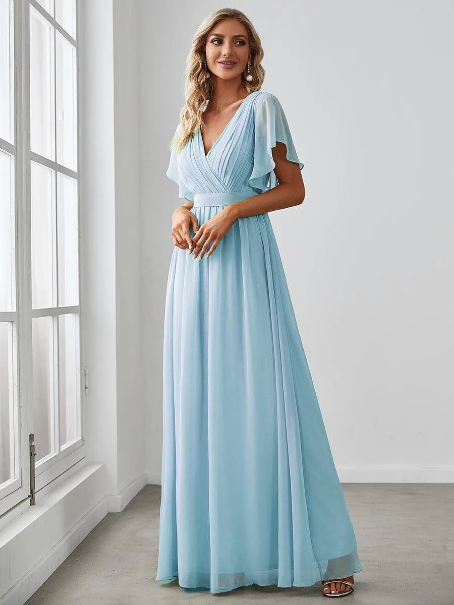 Robe mariage invitée en mousseline de soie à encolure en V et à manches flottantes