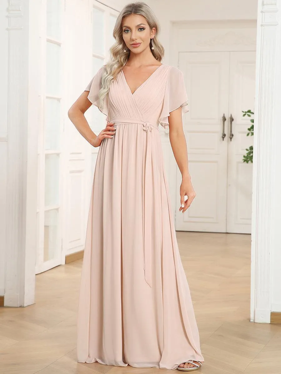Robe mariage invitée en mousseline de soie à encolure en V et à manches flottantes