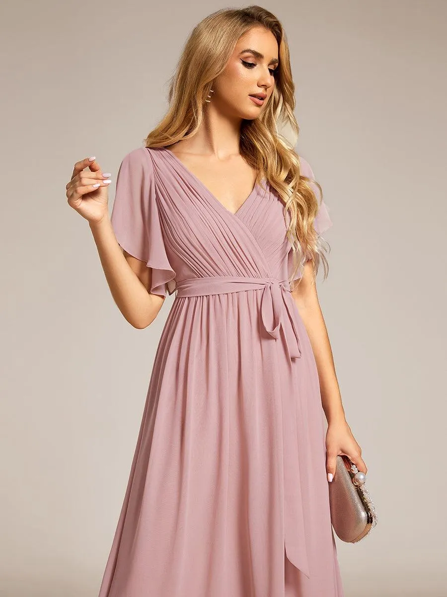 Robe mariage invitée en mousseline de soie à encolure en V et à manches flottantes