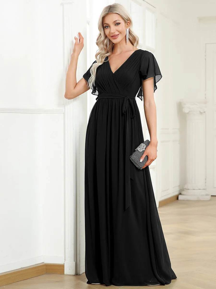 Robe mariage invitée en mousseline de soie à encolure en V et à manches flottantes