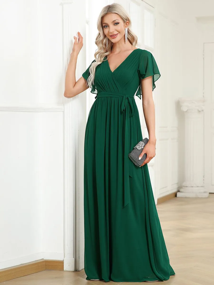 Robe mariage invitée en mousseline de soie à encolure en V et à manches flottantes