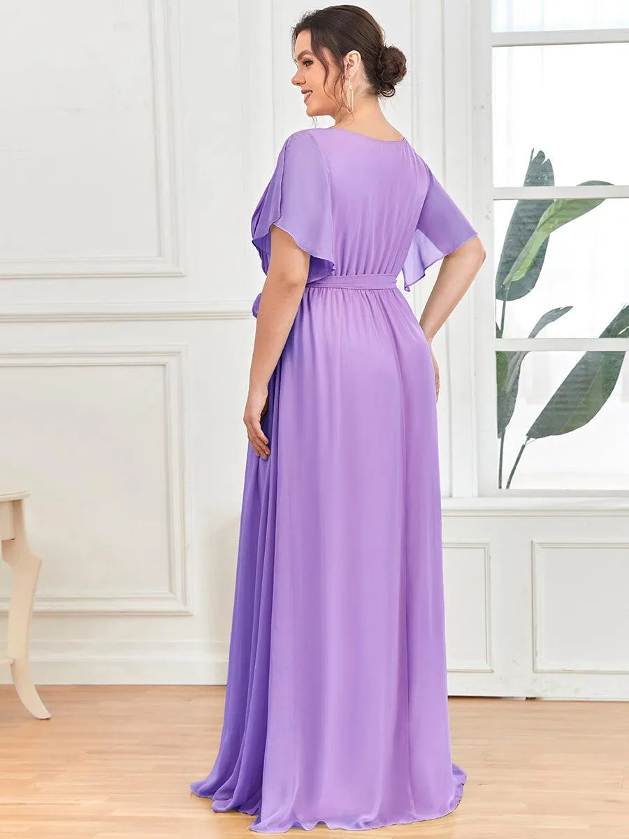 Robe mariage invitée en mousseline de soie à encolure en V et à manches flottantes