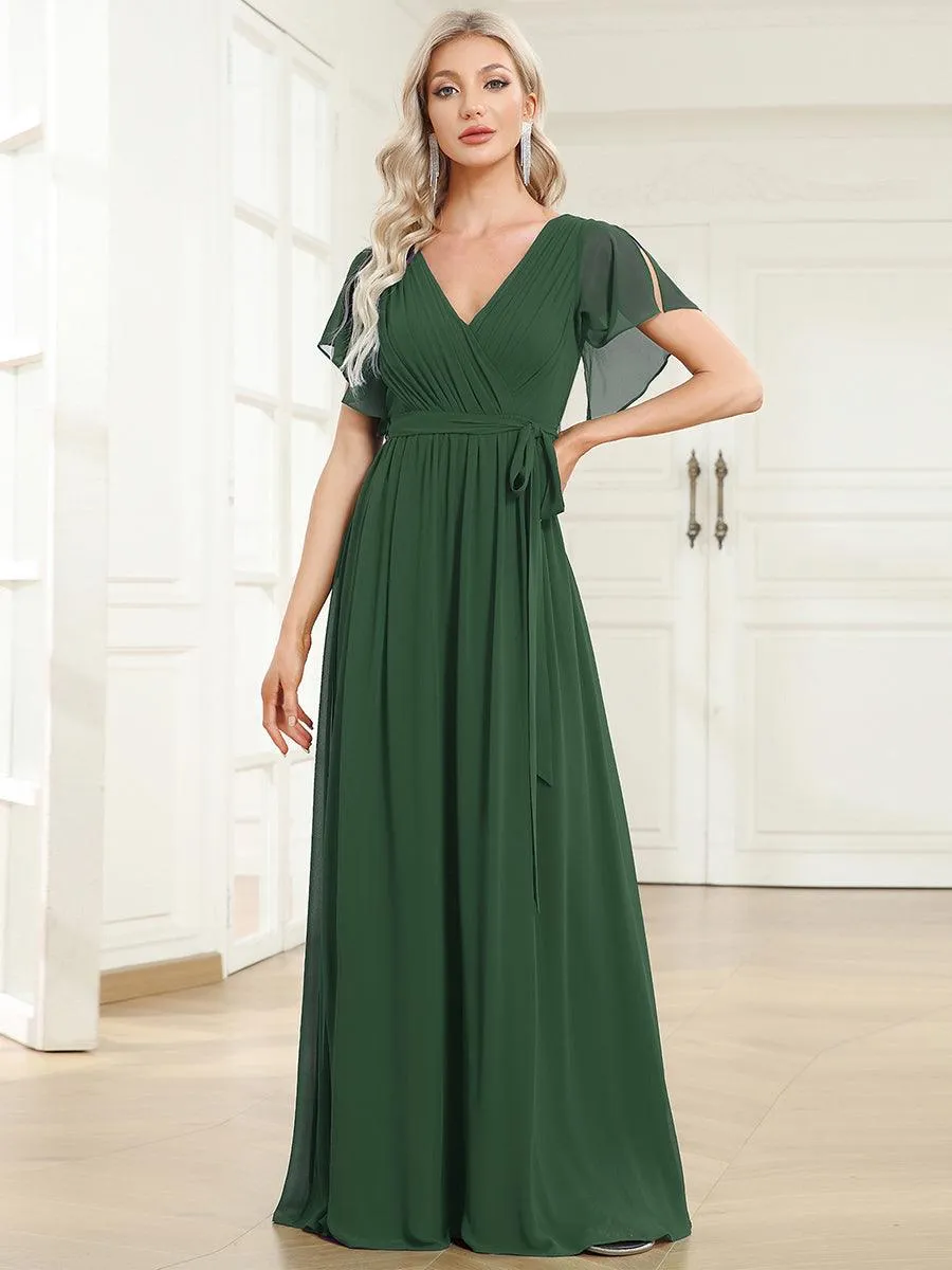 Robe mariage invitée en mousseline de soie à encolure en V et à manches flottantes
