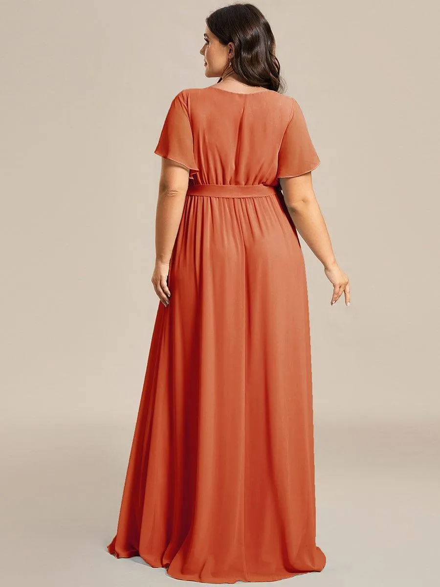 Robe mariage invitée en mousseline de soie à encolure en V et à manches flottantes