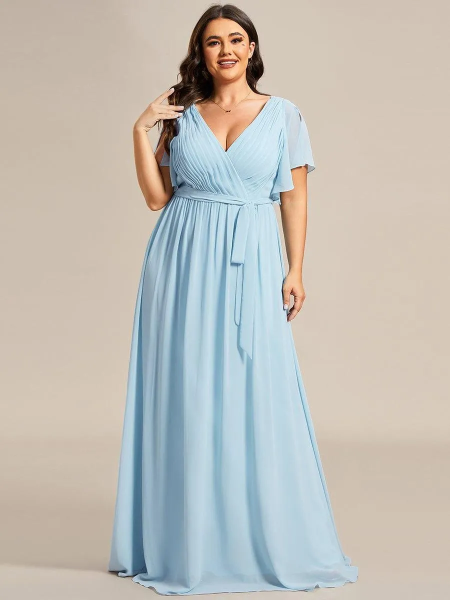 Robe mariage invitée en mousseline de soie à encolure en V et à manches flottantes