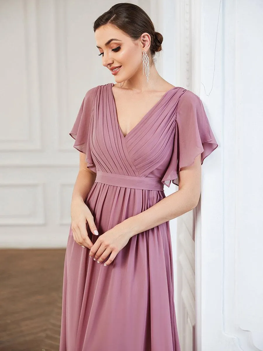 Robe mariage invitée en mousseline de soie à encolure en V et à manches flottantes