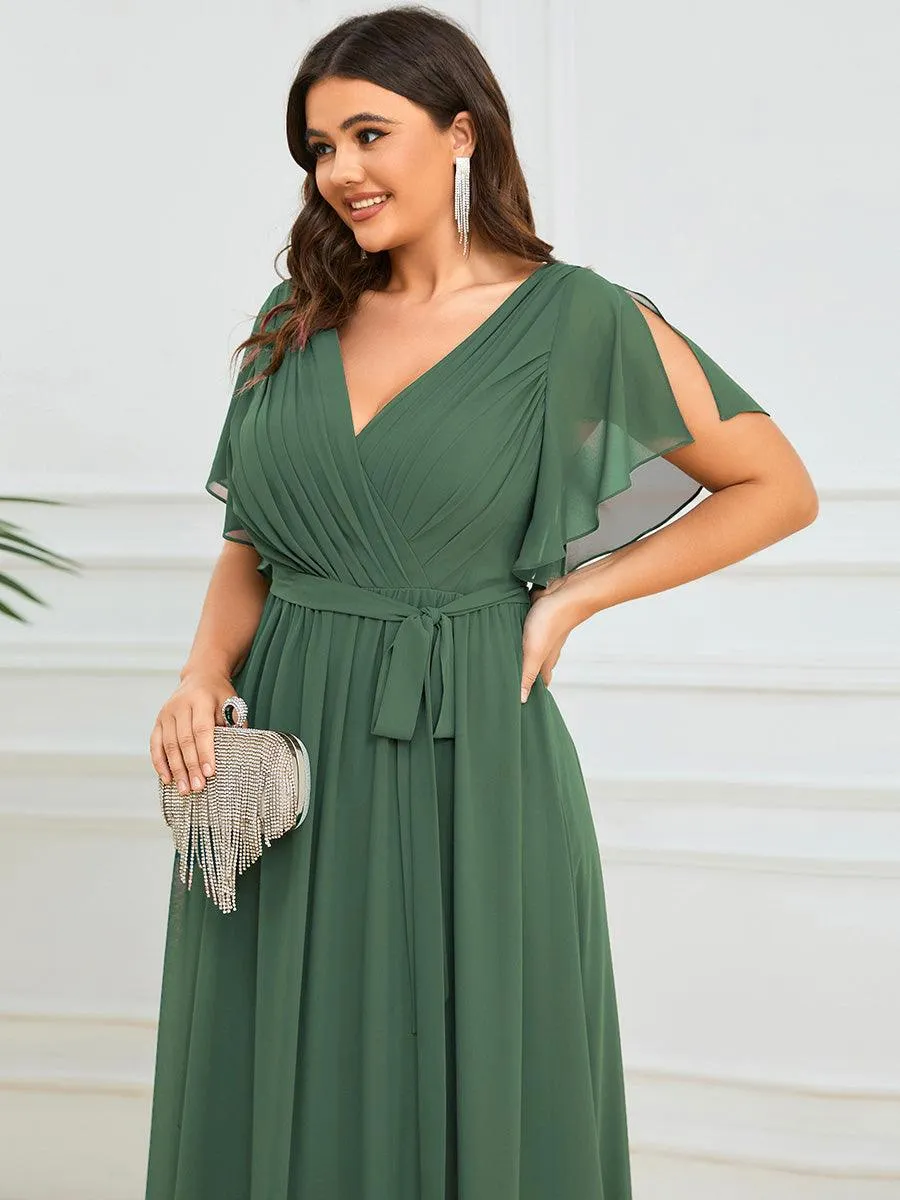 Robe mariage invitée en mousseline de soie à encolure en V et à manches flottantes
