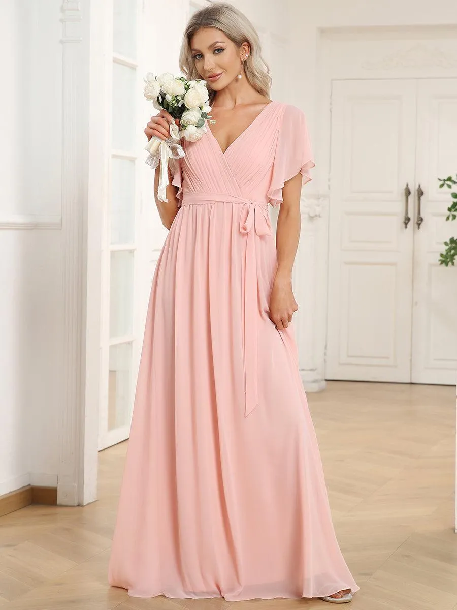 Robe mariage invitée en mousseline de soie à encolure en V et à manches flottantes