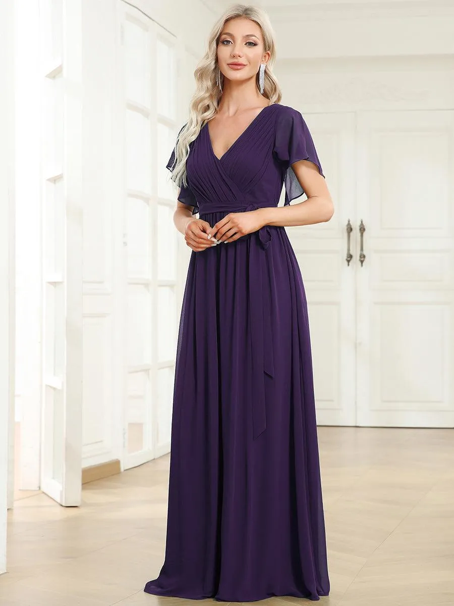 Robe mariage invitée en mousseline de soie à encolure en V et à manches flottantes