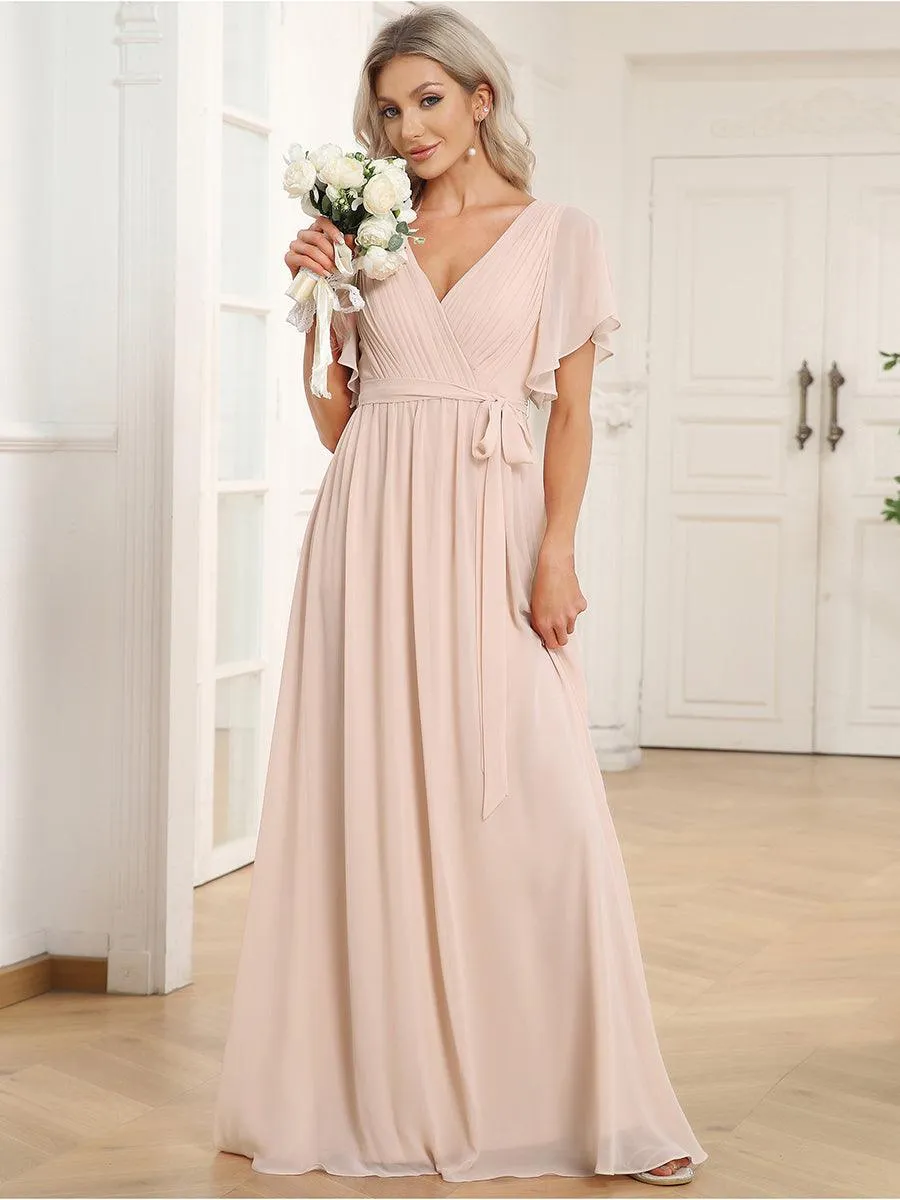 Robe mariage invitée en mousseline de soie à encolure en V et à manches flottantes
