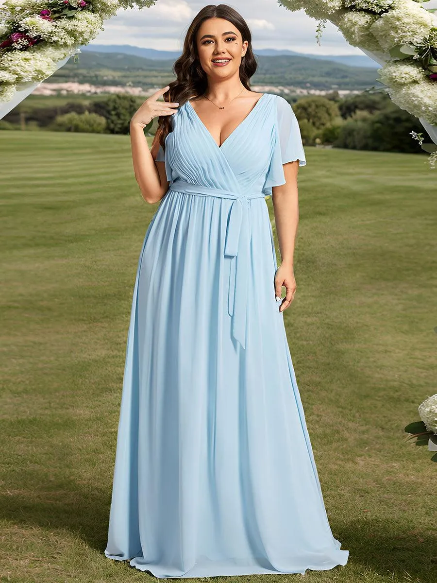 Robe mariage invitée en mousseline de soie à encolure en V et à manches flottantes