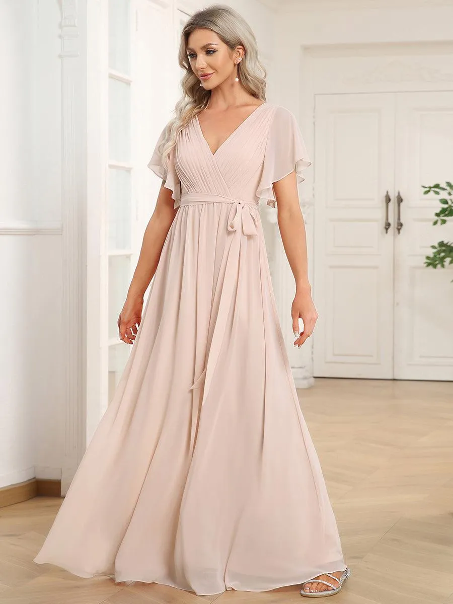 Robe mariage invitée en mousseline de soie à encolure en V et à manches flottantes