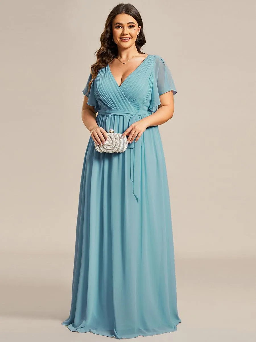 Robe mariage invitée en mousseline de soie à encolure en V et à manches flottantes