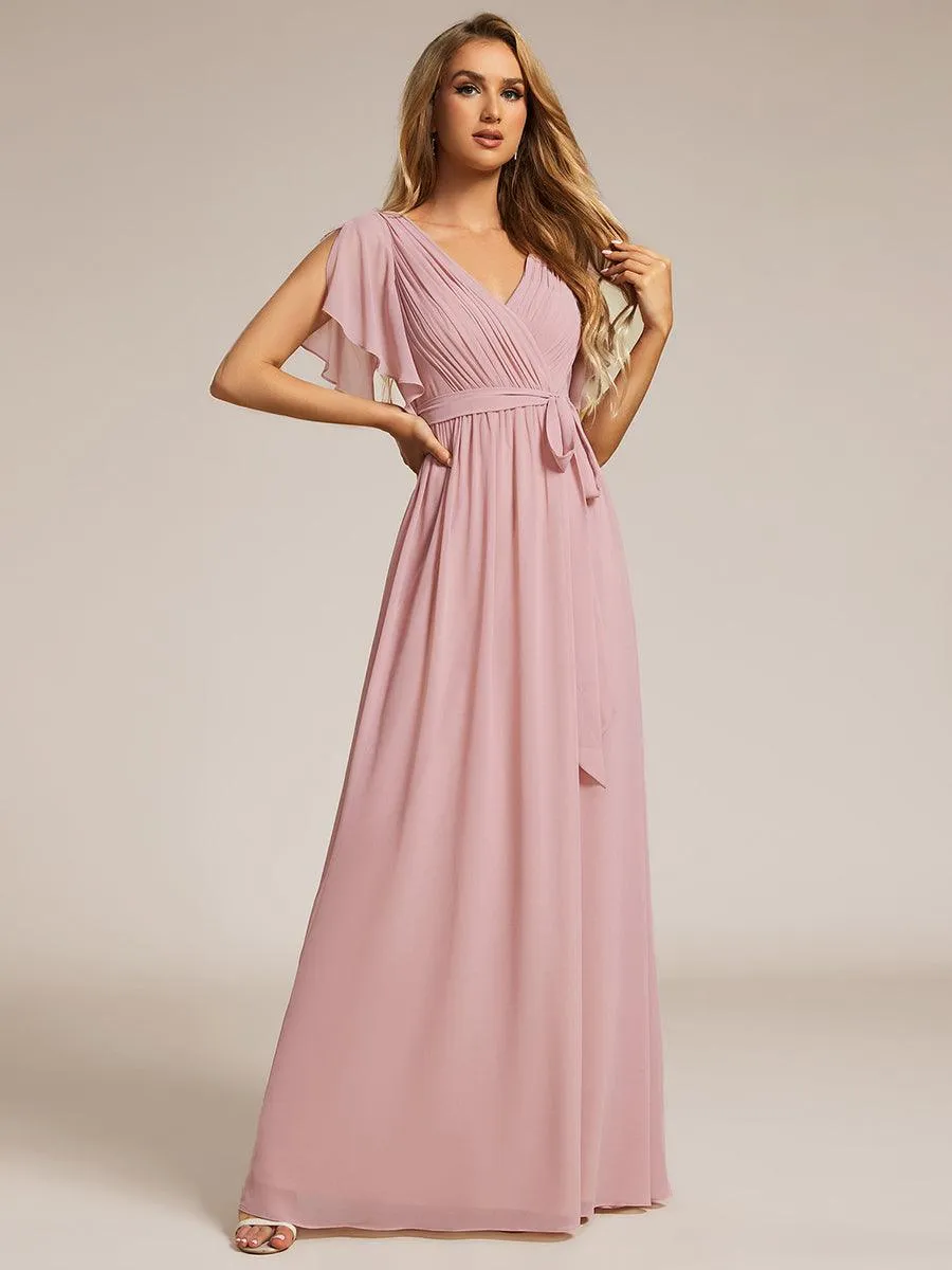 Robe mariage invitée en mousseline de soie à encolure en V et à manches flottantes