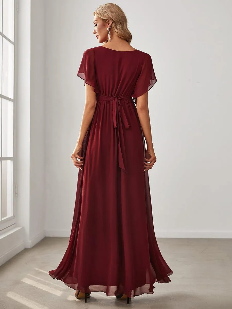 Robe mariage invitée en mousseline de soie à encolure en V et à manches flottantes