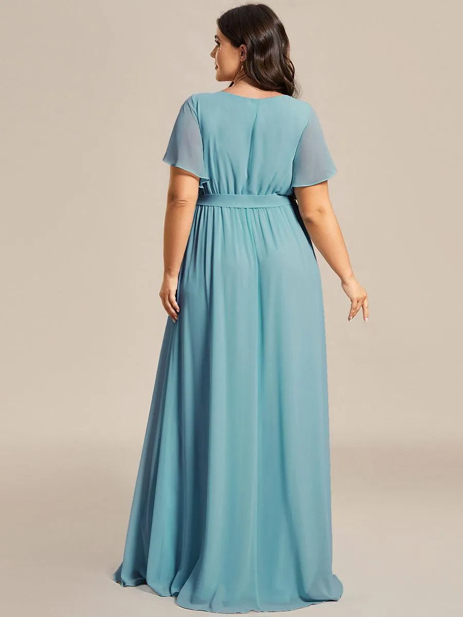 Robe mariage invitée en mousseline de soie à encolure en V et à manches flottantes