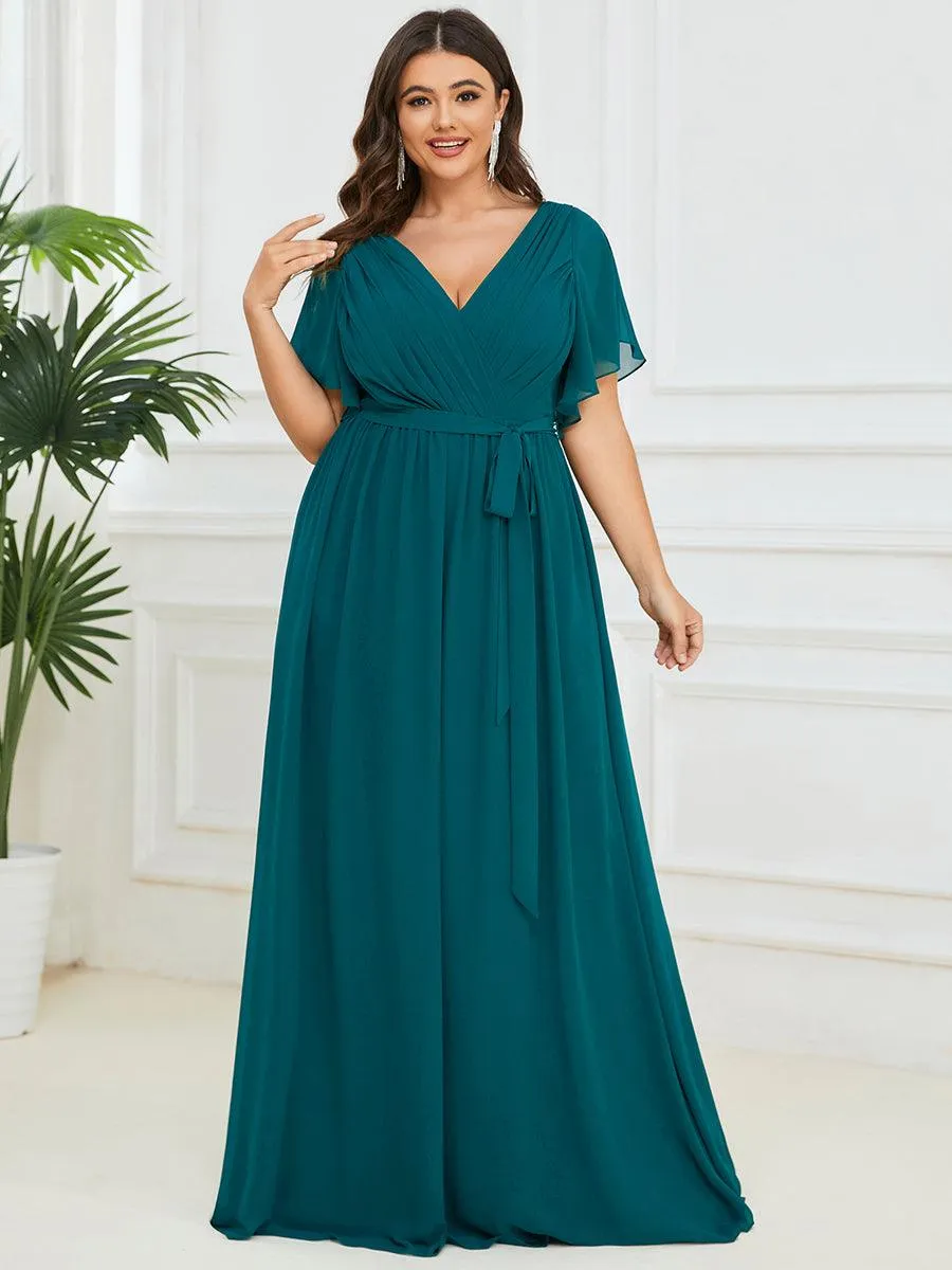 Robe mariage invitée en mousseline de soie à encolure en V et à manches flottantes