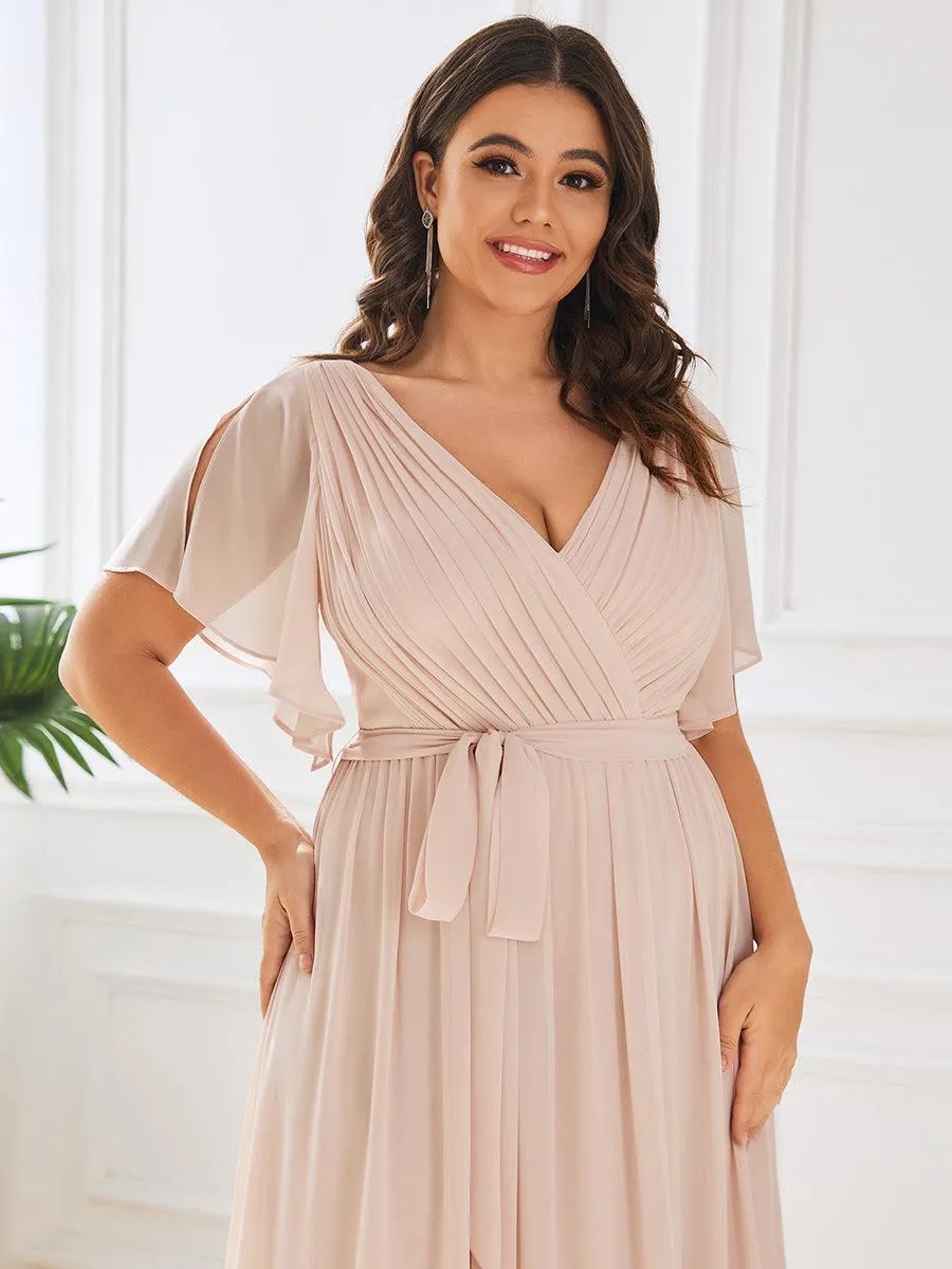 Robe mariage invitée en mousseline de soie à encolure en V et à manches flottantes