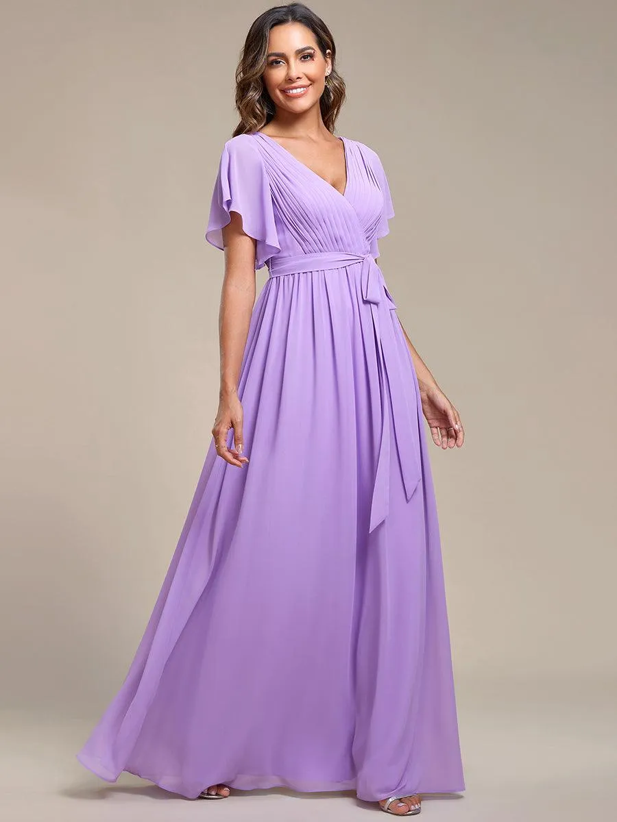 Robe mariage invitée en mousseline de soie à encolure en V et à manches flottantes
