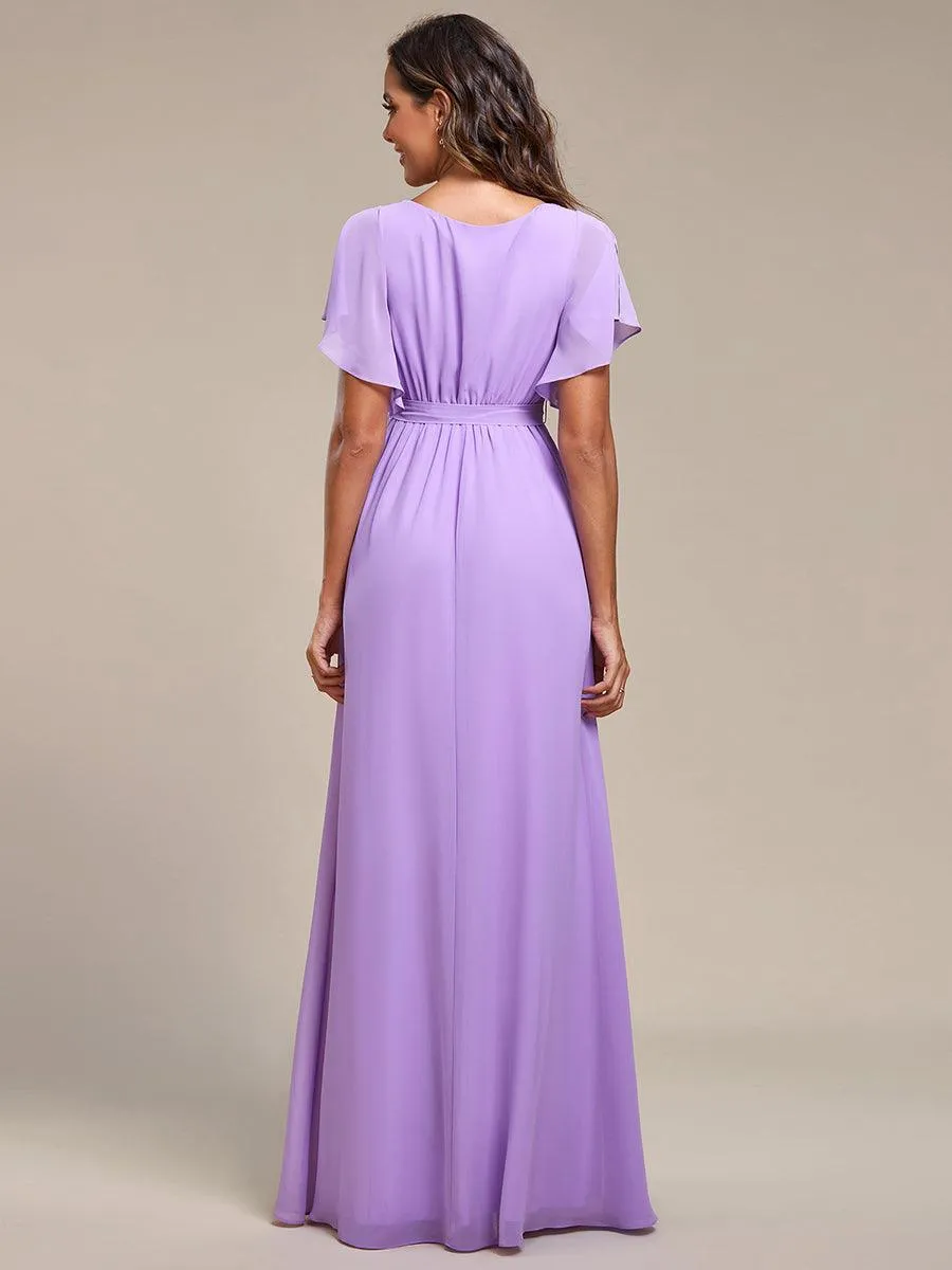 Robe mariage invitée en mousseline de soie à encolure en V et à manches flottantes