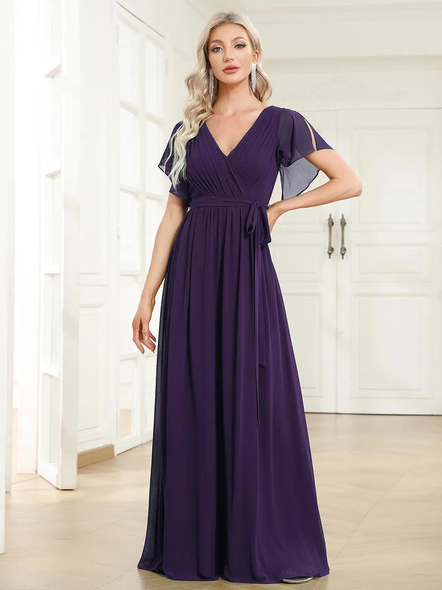 Robe mariage invitée en mousseline de soie à encolure en V et à manches flottantes