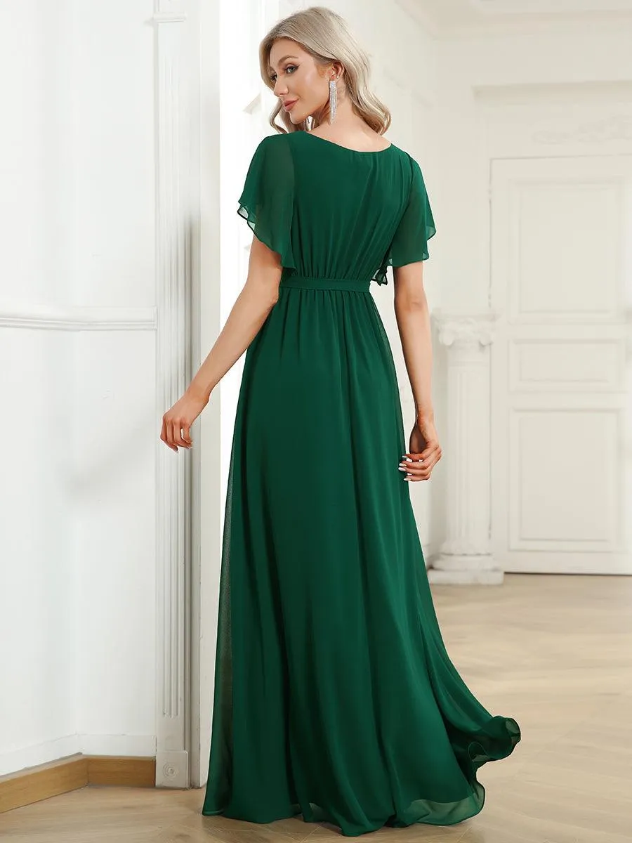 Robe mariage invitée en mousseline de soie à encolure en V et à manches flottantes