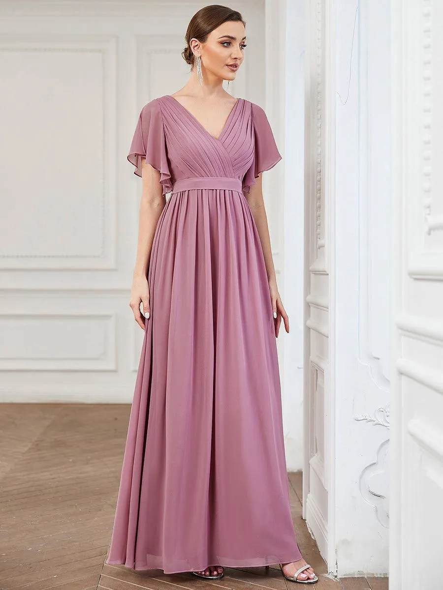 Robe mariage invitée en mousseline de soie à encolure en V et à manches flottantes