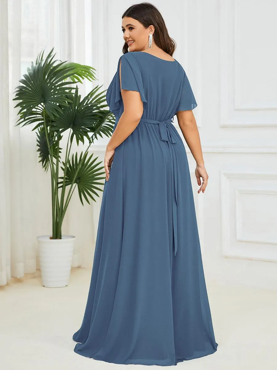 Robe mariage invitée en mousseline de soie à encolure en V et à manches flottantes