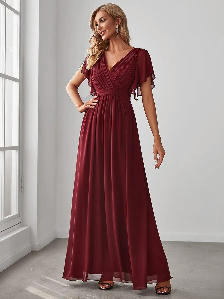Robe mariage invitée en mousseline de soie à encolure en V et à manches flottantes
