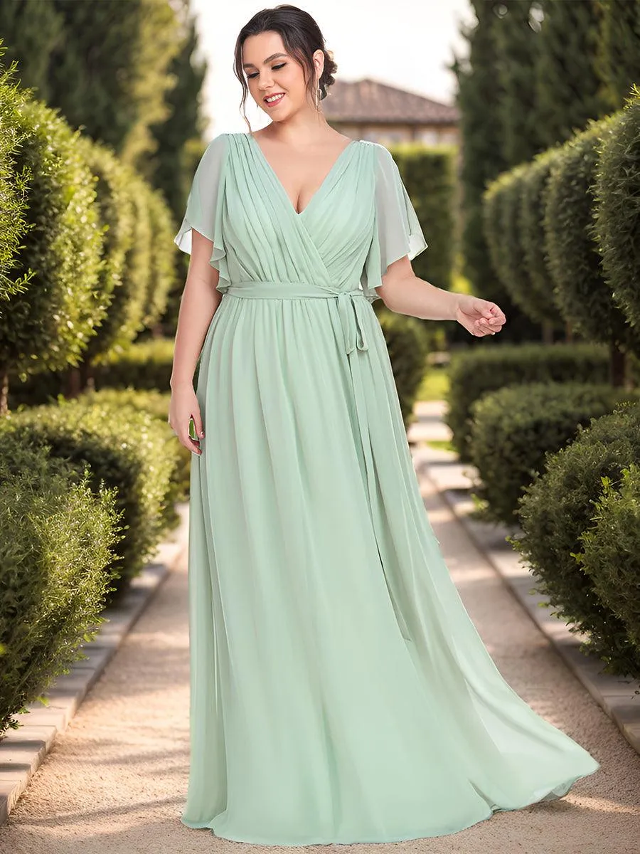 Robe mariage invitée en mousseline de soie à encolure en V et à manches flottantes