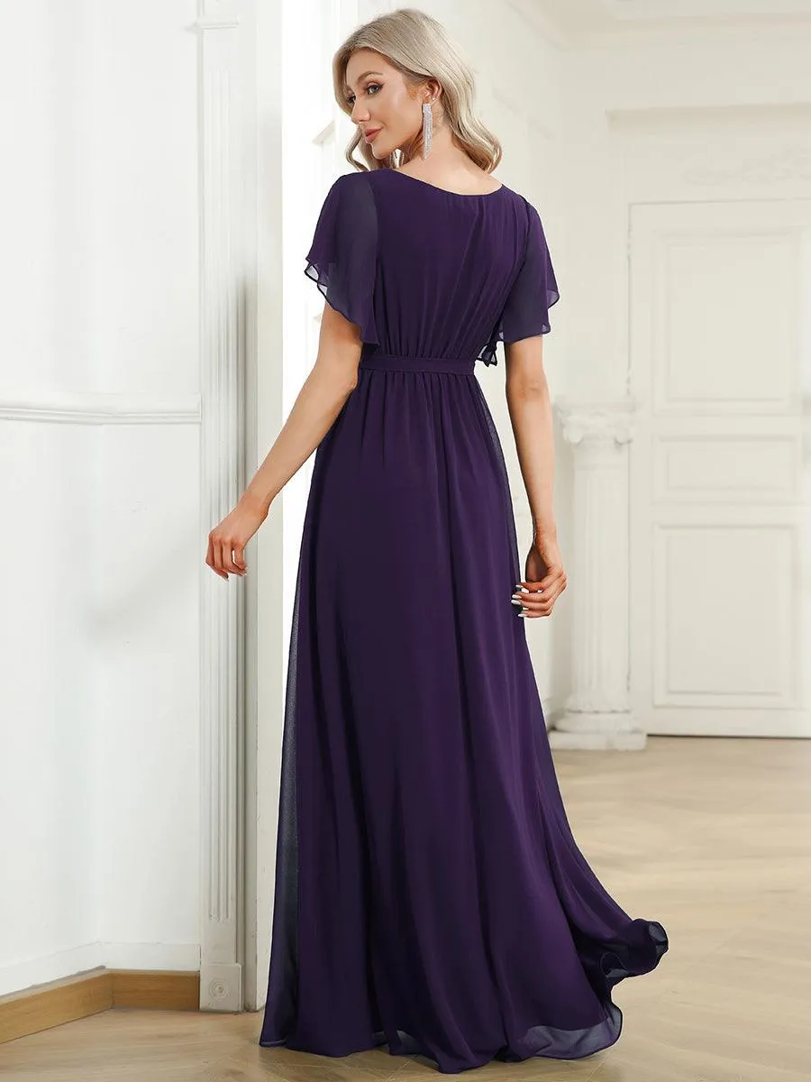 Robe mariage invitée en mousseline de soie à encolure en V et à manches flottantes