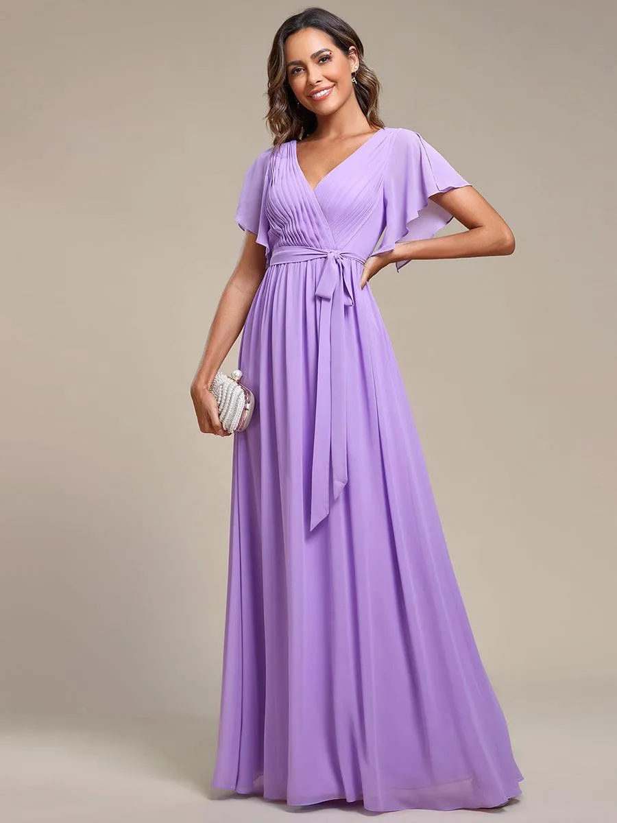 Robe mariage invitée en mousseline de soie à encolure en V et à manches flottantes