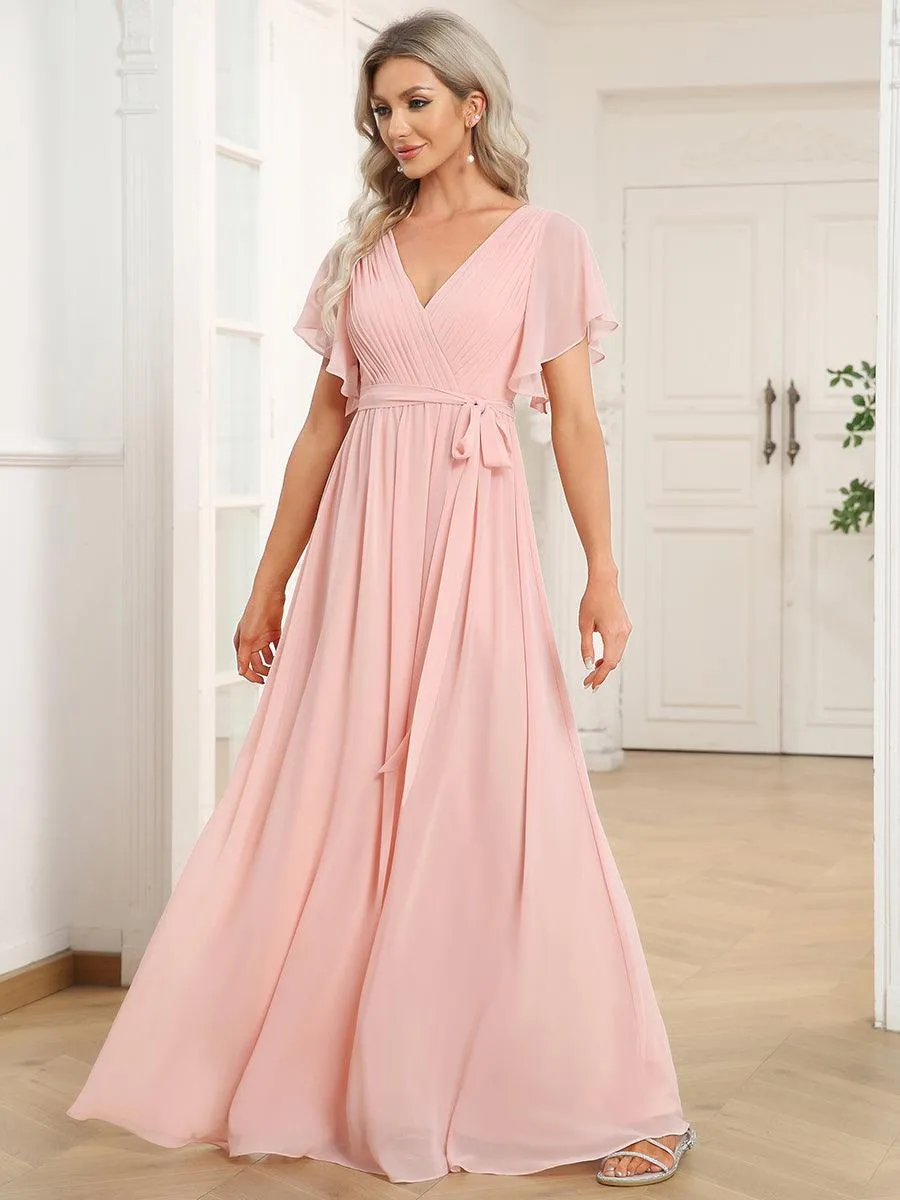Robe mariage invitée en mousseline de soie à encolure en V et à manches flottantes