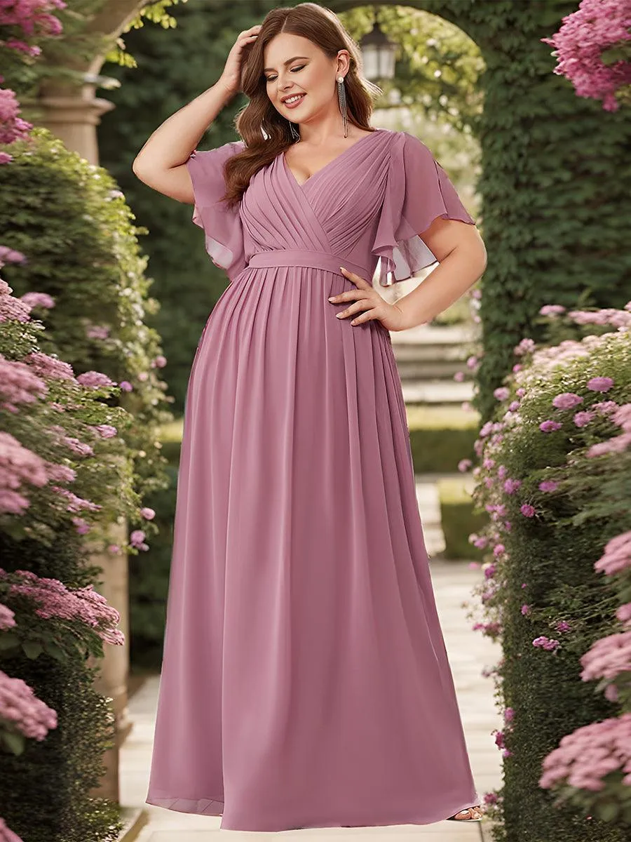Robe mariage invitée en mousseline de soie à encolure en V et à manches flottantes
