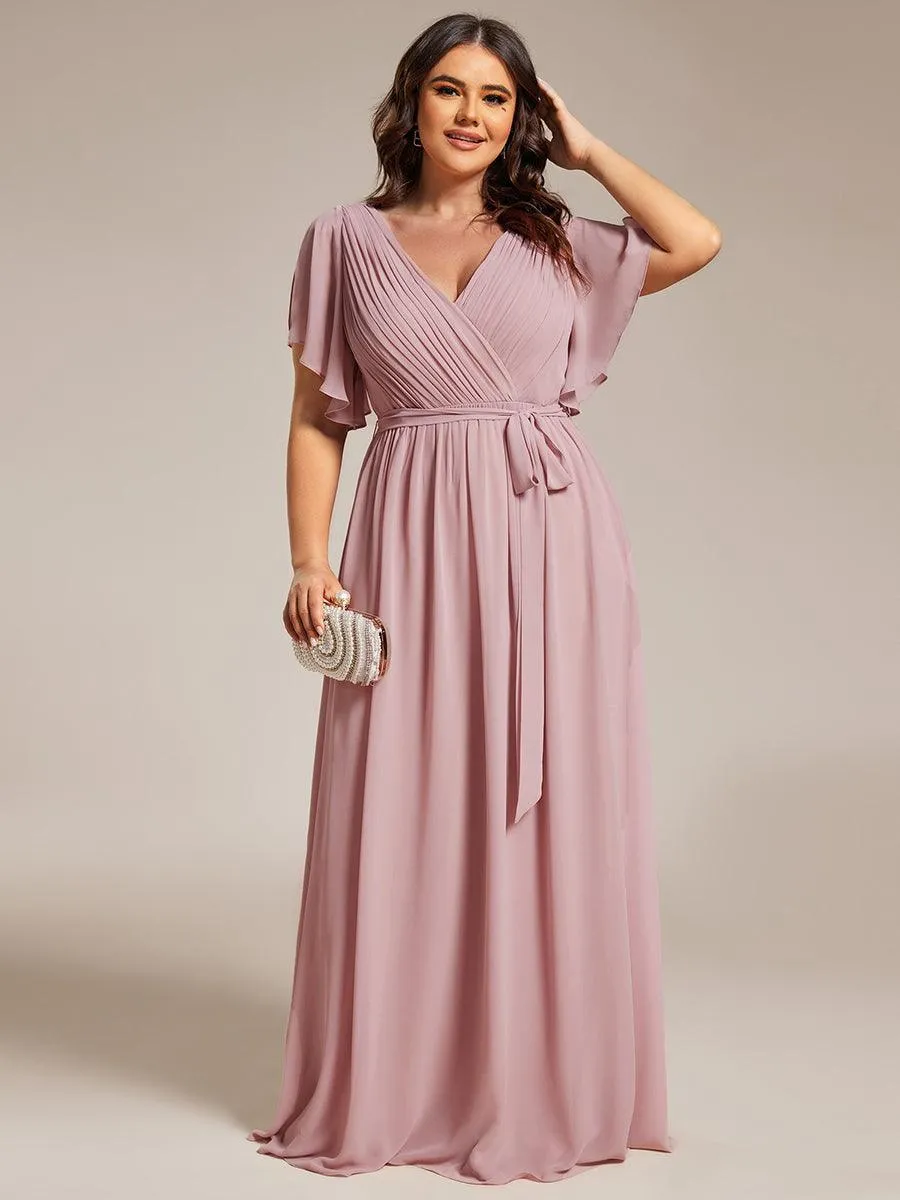 Robe mariage invitée en mousseline de soie à encolure en V et à manches flottantes
