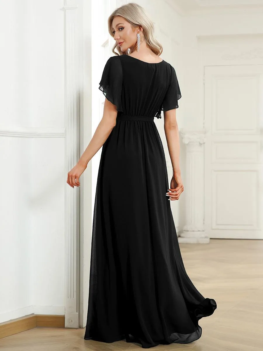 Robe mariage invitée en mousseline de soie à encolure en V et à manches flottantes