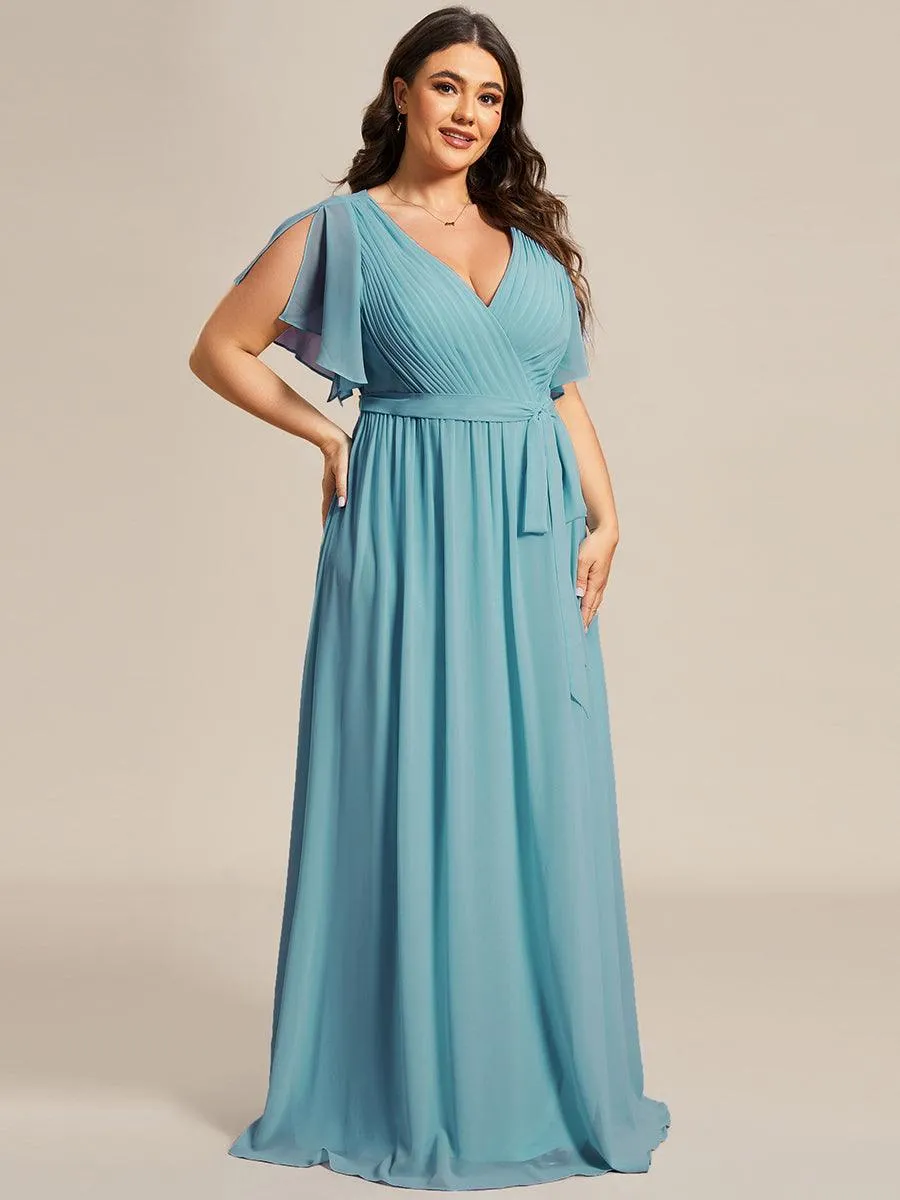 Robe mariage invitée en mousseline de soie à encolure en V et à manches flottantes