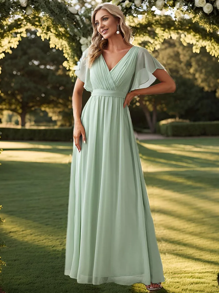 Robe mariage invitée en mousseline de soie à encolure en V et à manches flottantes