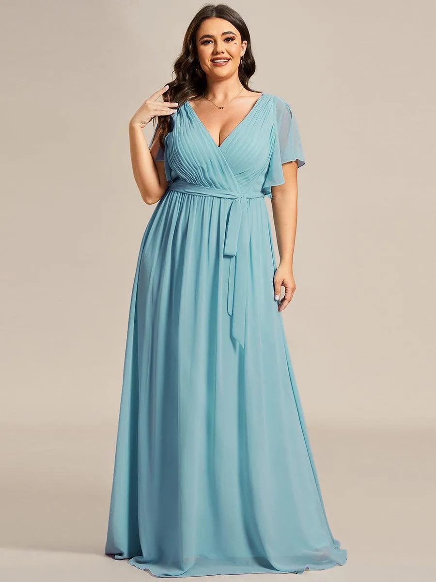 Robe mariage invitée en mousseline de soie à encolure en V et à manches flottantes
