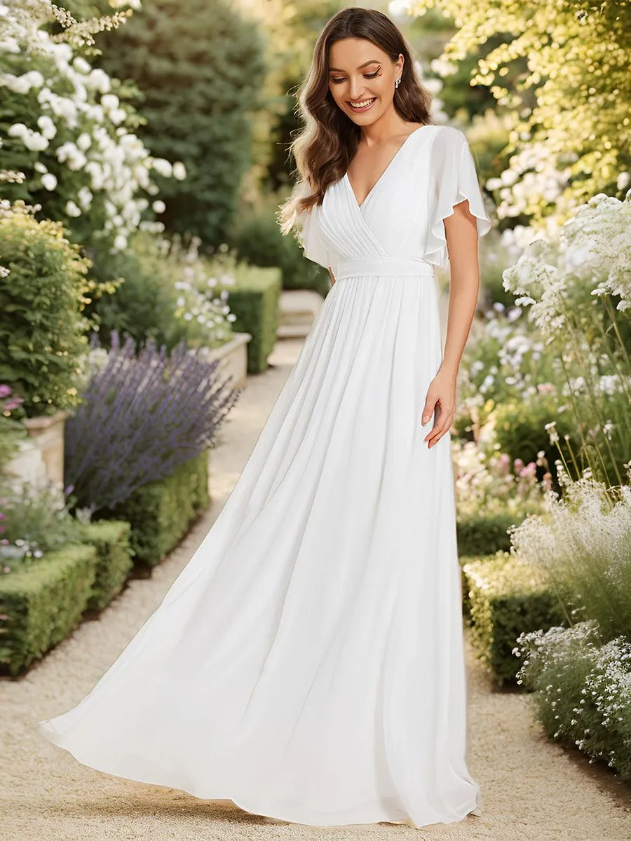 Robe mariage invitée en mousseline de soie à encolure en V et à manches flottantes