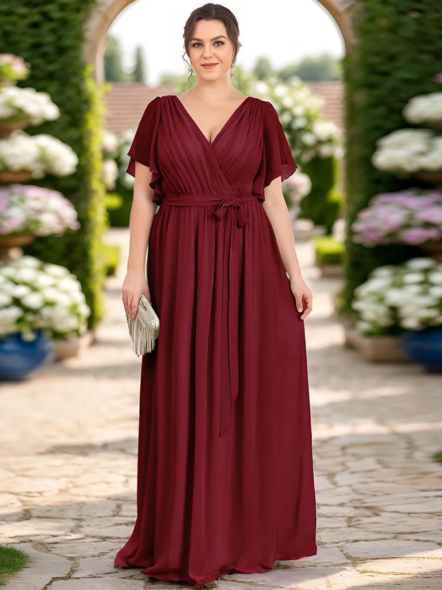 Robe mariage invitée en mousseline de soie à encolure en V et à manches flottantes