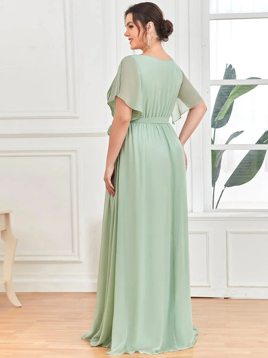 Robe mariage invitée en mousseline de soie à encolure en V et à manches flottantes