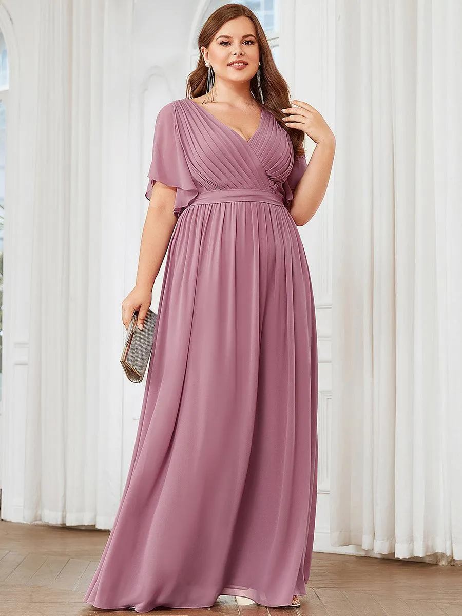 Robe mariage invitée en mousseline de soie à encolure en V et à manches flottantes
