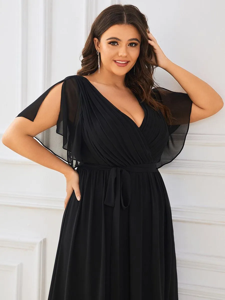 Robe mariage invitée en mousseline de soie à encolure en V et à manches flottantes