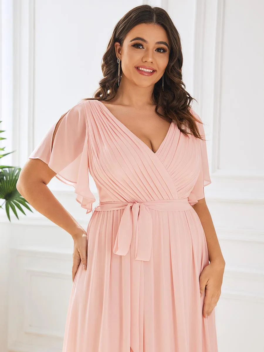Robe mariage invitée en mousseline de soie à encolure en V et à manches flottantes