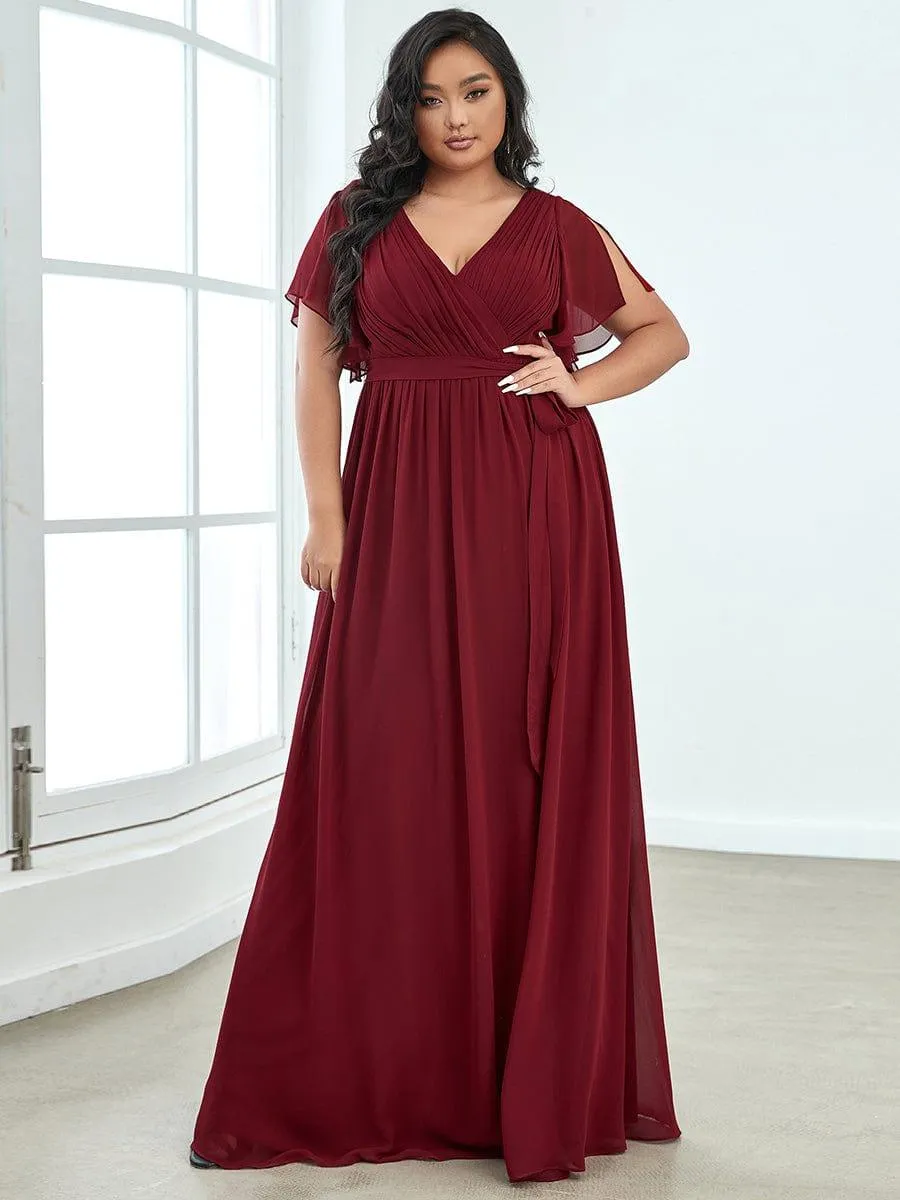 Robe mariage invitée en mousseline de soie à encolure en V et à manches flottantes