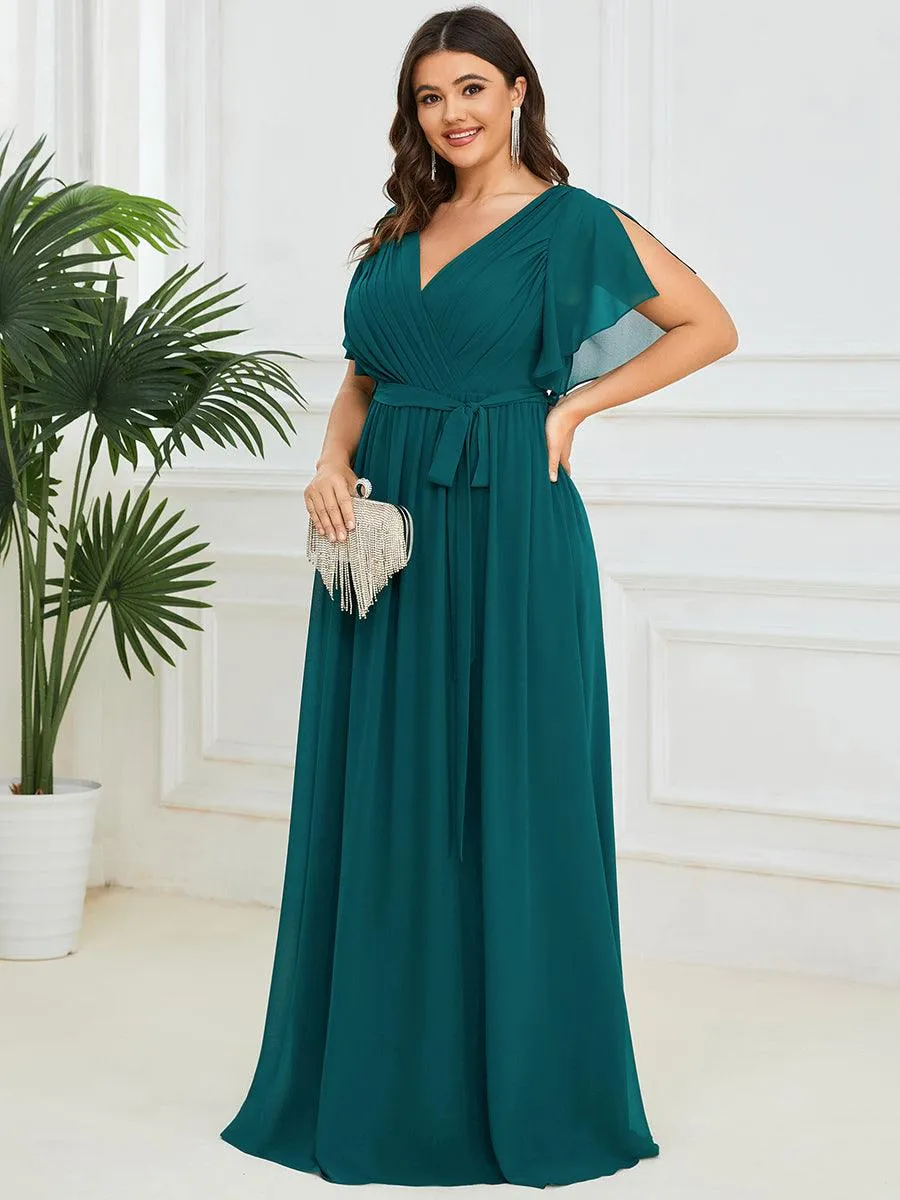 Robe mariage invitée en mousseline de soie à encolure en V et à manches flottantes