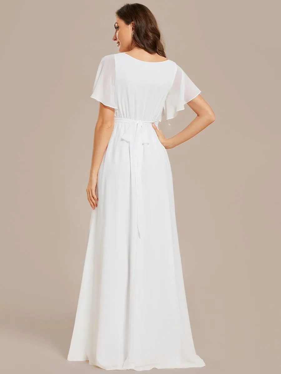 Robe mariage invitée en mousseline de soie à encolure en V et à manches flottantes