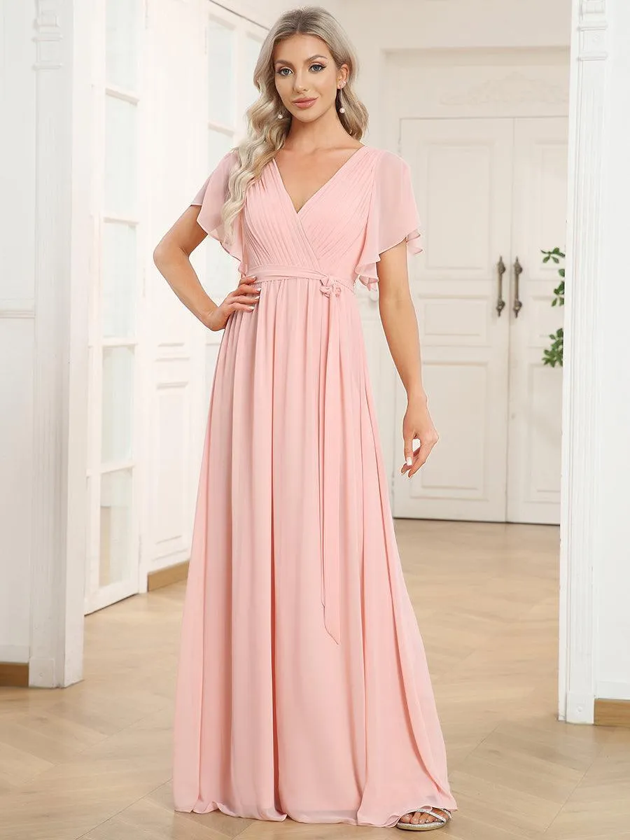 Robe mariage invitée en mousseline de soie à encolure en V et à manches flottantes