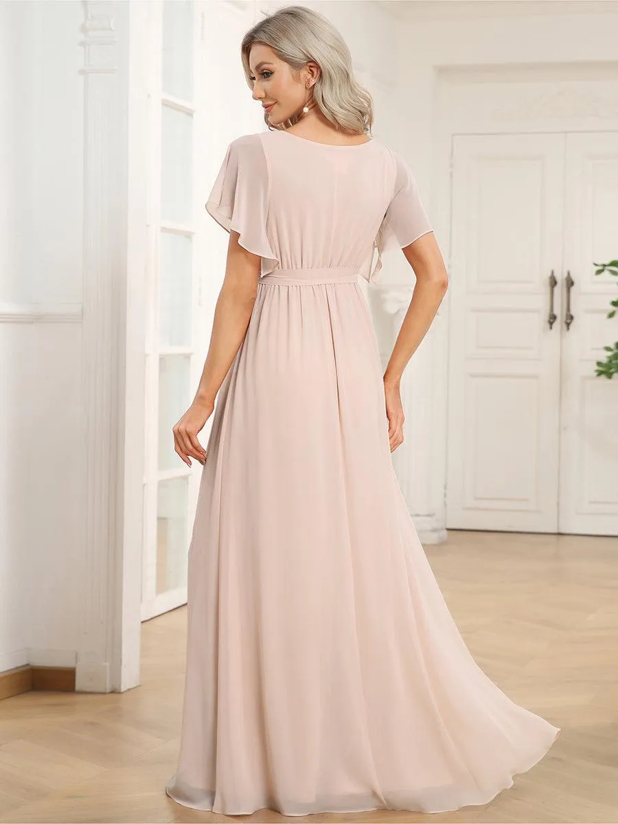Robe mariage invitée en mousseline de soie à encolure en V et à manches flottantes